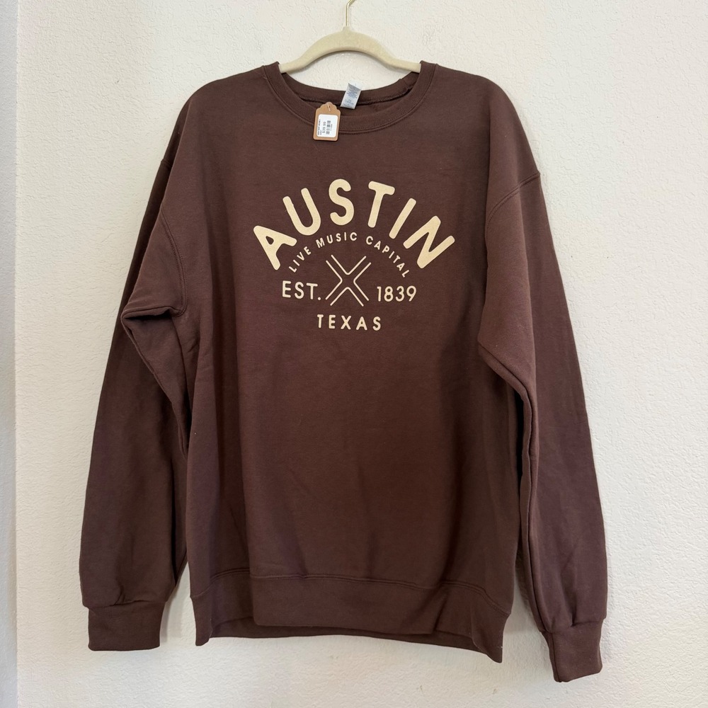 Austin Texas Live Music Capital Brown Graphic Crewneck Sweatshirt Large NEW